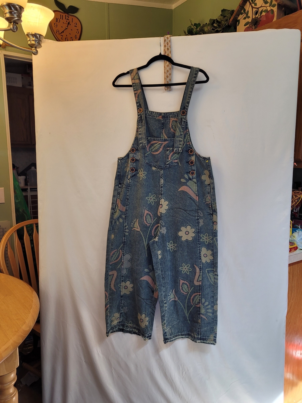 Easel Blue Denim Overalls with Subtle Pink Floral Accents